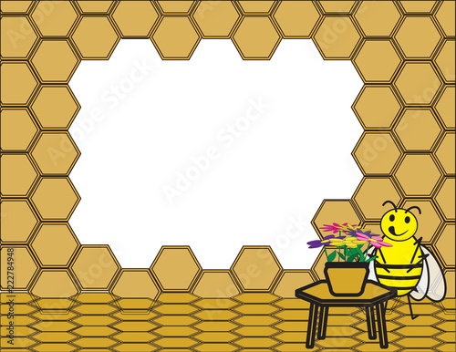 Cute Bee near a table with flowers. honeycomb background frame