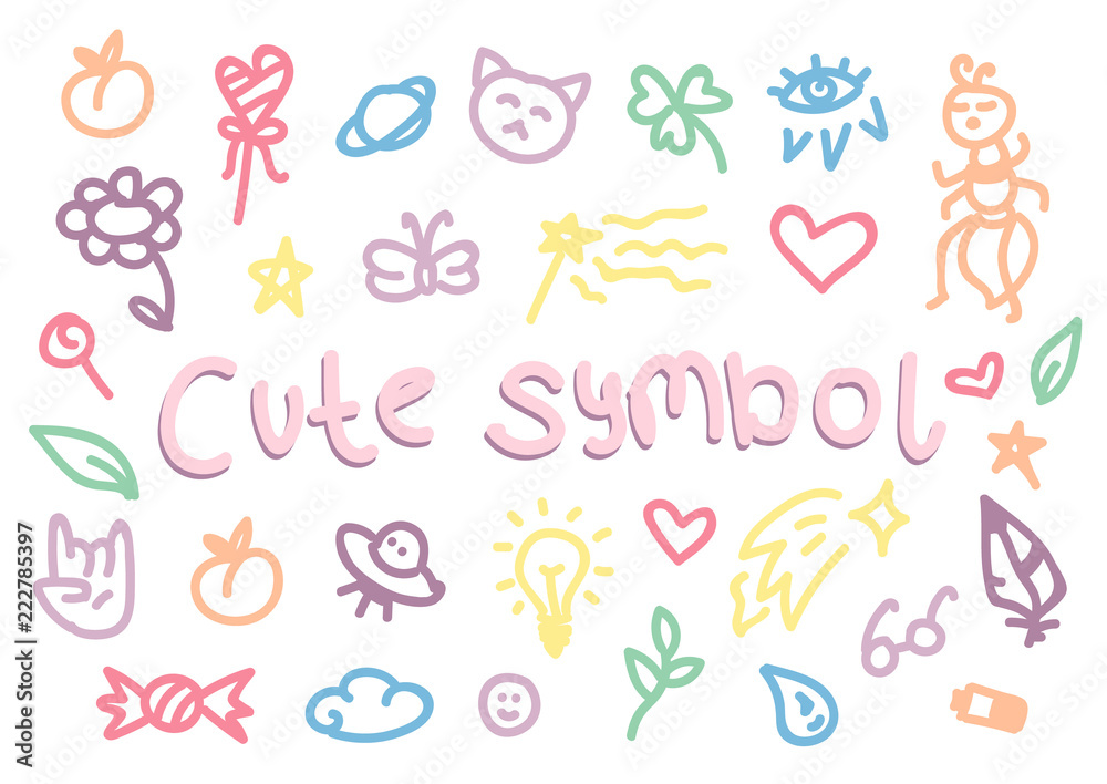 Set of trendy doodle hand drawn icon. Vector cute collection of girly stuff isolated on white background. Cute doodle background with animals, sweets, stars and hearts.
