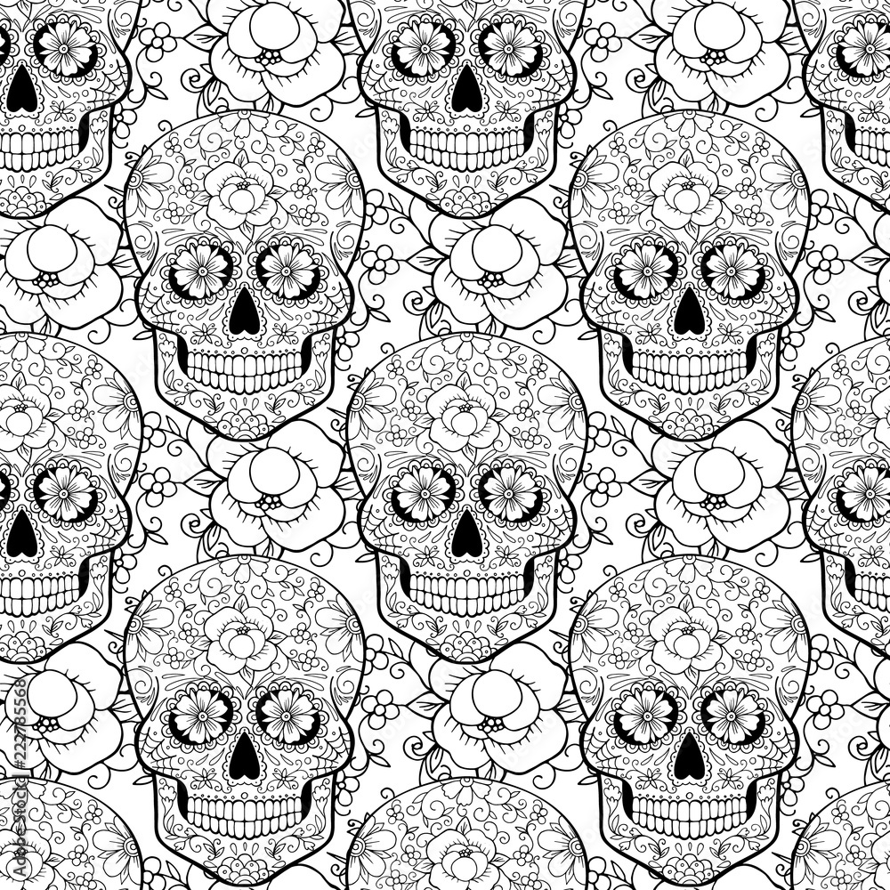 seamless pattern with skulls anti-stress coloring page