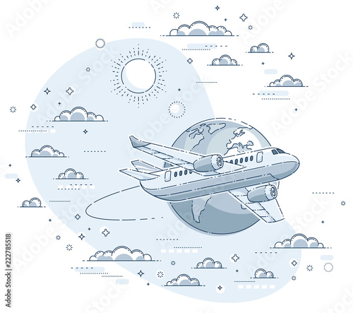 Plane airliner with earth planet in the sky surrounded by clouds, airlines air travel illustration. Beautiful thin line vector isolated over white background.