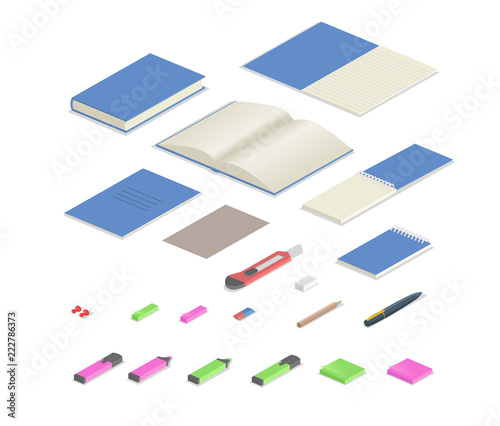 Colorful stationery supplies isometric set. Isometric set of office equipment. Flat vector illustration. Isolated on white background.