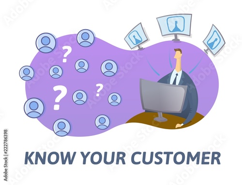 KYC, know your customer concept. Businessman looking at the partners-to-be in internet. Colored flat vector illustration on white background.