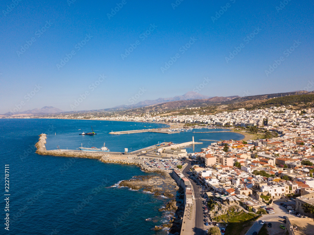 Aerial view of Rethymno harbor and city center. Rethymnon is venetian style city in Crete, Greece