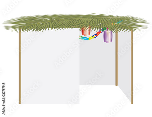 Jewish holiday sukkot symbol - Sukkah - Temporary hut with paper decorations
