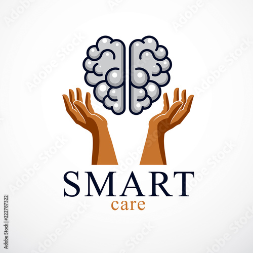 Smart Care concept, vector logo or icon design of human anatomical brain with careful tender and defending hands.