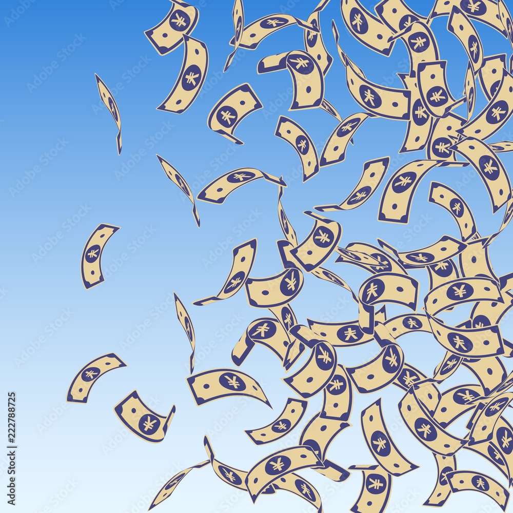 Chinese yuan notes falling. Floating CNY bills on blue sky background. China money. Dramatic vector 