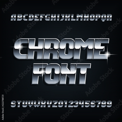 Beveled chrome alphabet font. Metal color italic shiny letters and numbers. Stock vector typeface for your design.