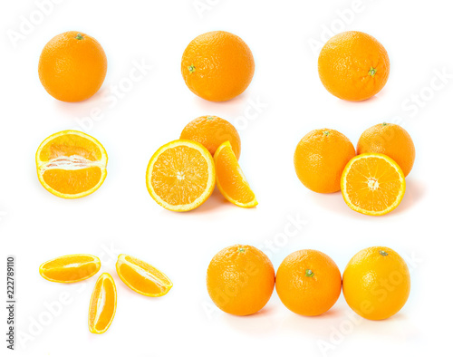 Set of fresh whole, cut and slices orange. Group citrus fruit isolated on white background.
