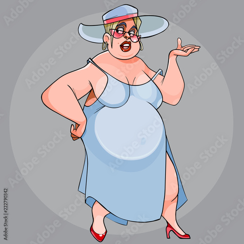 funny fat woman walking in a dress and hat