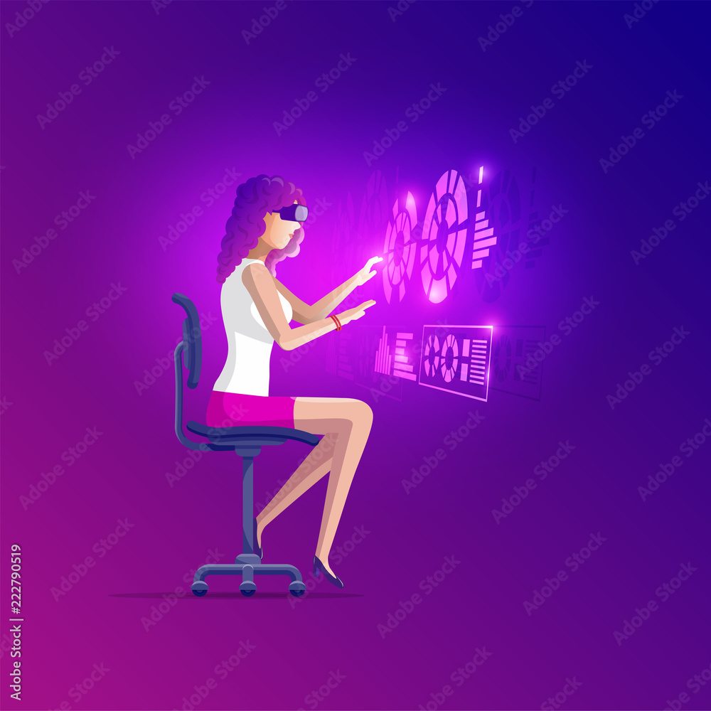 Young woman with a VR headset working.