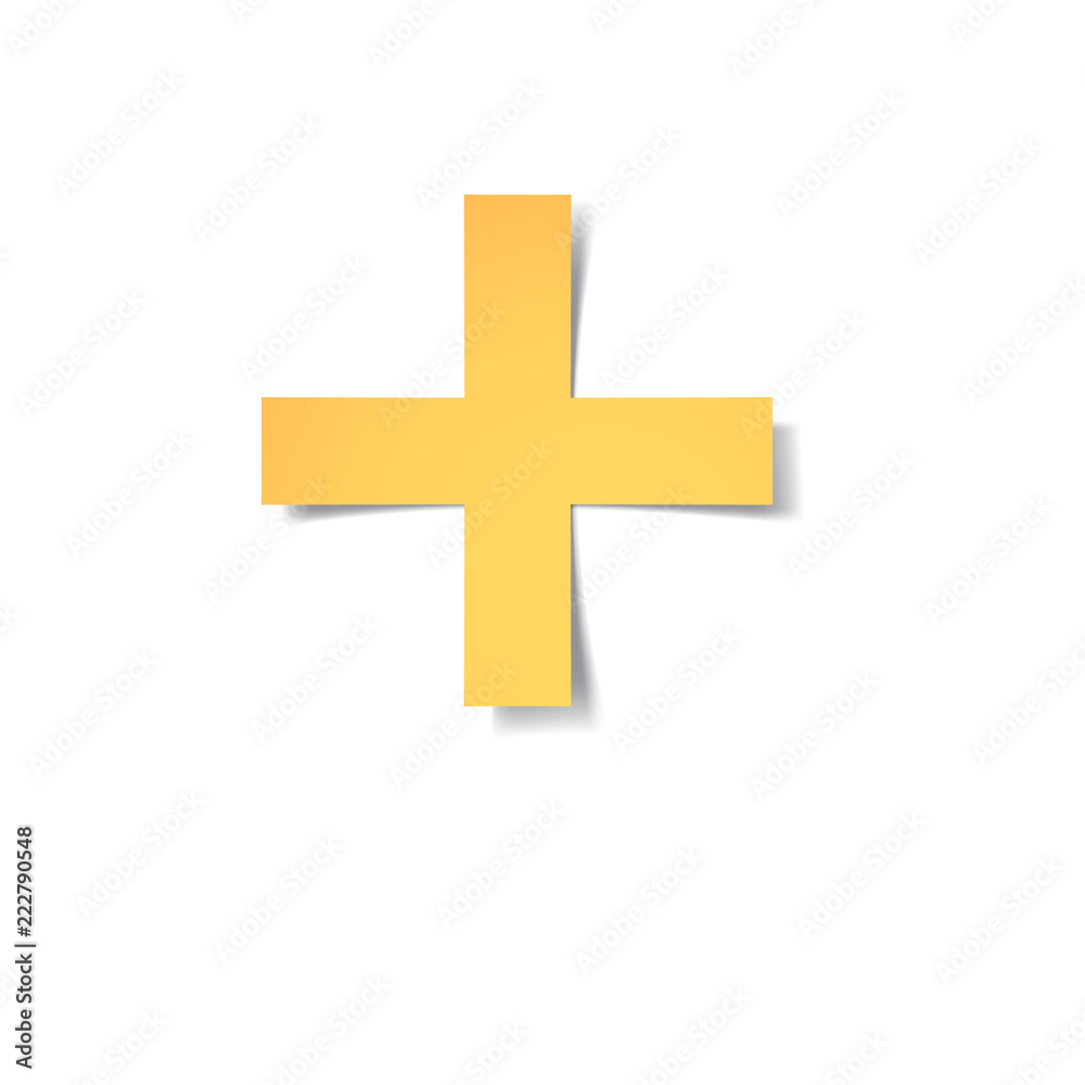 yellow-gold plus mark carved from paper with soft shadow.Vector yellow-gold plus mark carved from paper with soft shadow.Vector