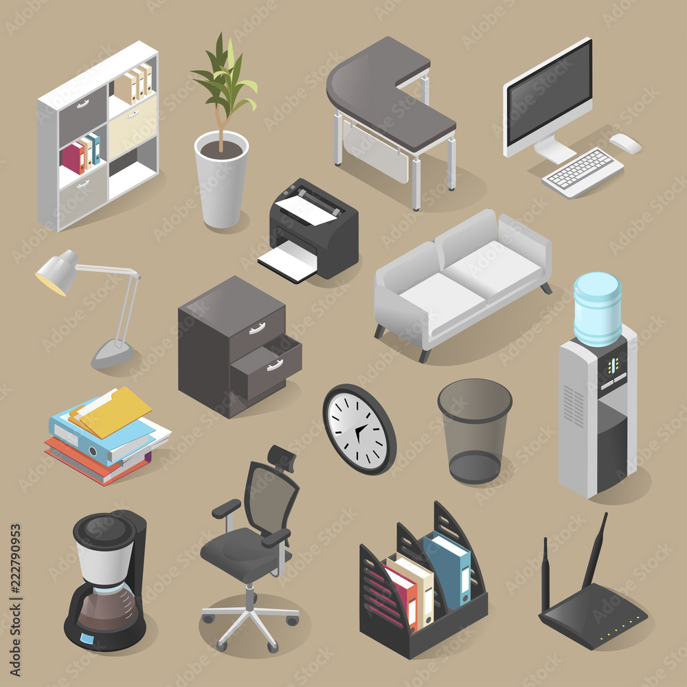 Office room furniture icon set, isometric style Office room furniture icon set, isometric style