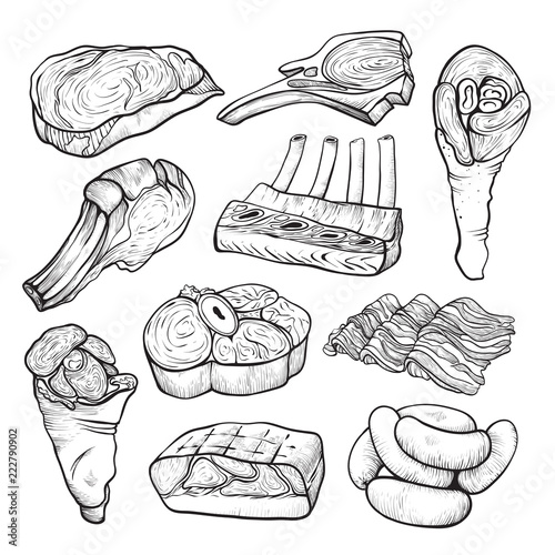 Meat and sausage product line art sketch