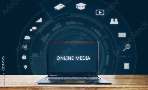 Online media on computer laptop. Online media applications