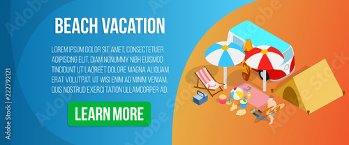 Beach vacation concept banner. Isometric banner of beach vacation vector concept for web, giftcard and postcard