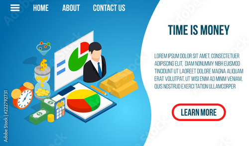 Time is money concept banner. Isometric banner of time is money vector concept for web, giftcard and postcard
