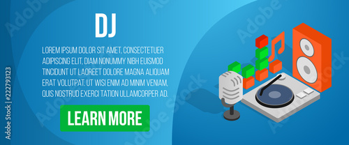 DJ concept banner. Isometric banner of dj vector concept for web, giftcard and postcard