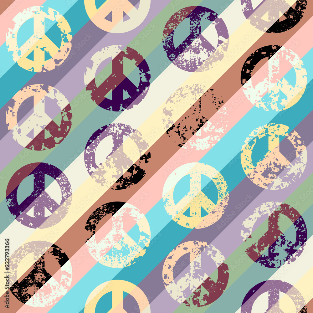 Seamless vector pattern. Abstract background with Peace signs. The sign of pacifists. Grunge vintage effect.