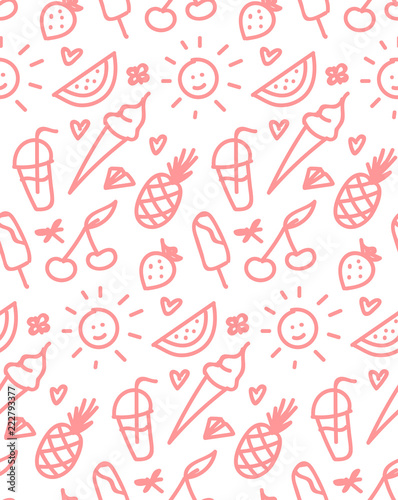 Cartoon Fruits and Berries Vector Seamless Pattern. Colorful Fruit Wallpaper. Healthy Summer Food Background