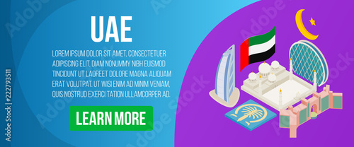 UAE concept banner. Isometric banner of UAE vector concept for web, giftcard and postcard