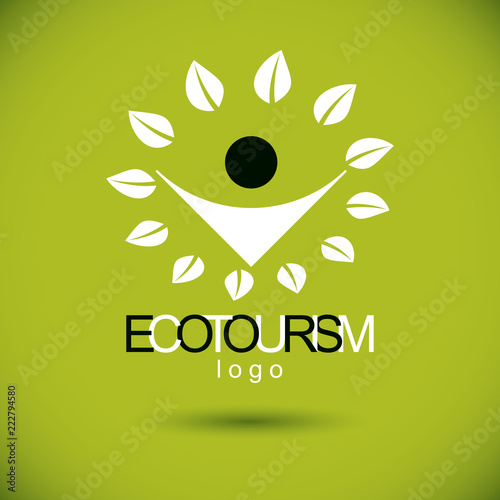 Vector illustration of joyful abstract individual with raised hands up. Ecotourism conceptual logo. Green tourism symbol. Wanderlust and countryside vacation icon.