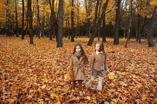 two beautiful happy baby girls having fun in autumn park, among fallen leaves