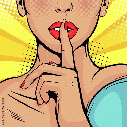 Top secret silence girl. Beautiful woman put her finger to her lips, calling for silence. Colorful vector background in pop art retro comic style. photo