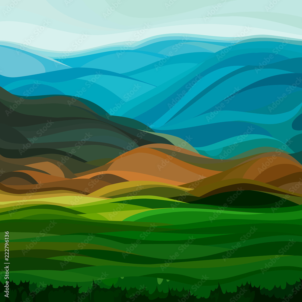 cartoon summer background landscape of the steppe with the mountains