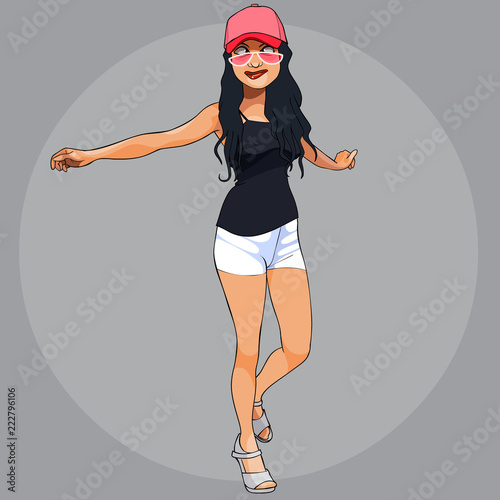 cartoon funny woman in summer clothes fooling around