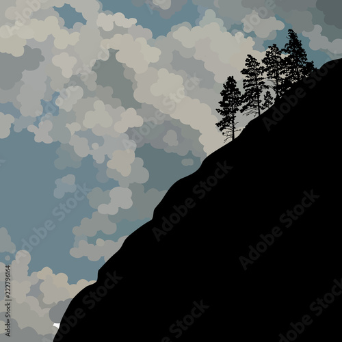 Obraz na plátně Drawn silhouette of a steep mountainside with single trees against the sky