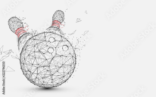 Bowling ball and pin form lines, triangles and particle style design. Illustration vector