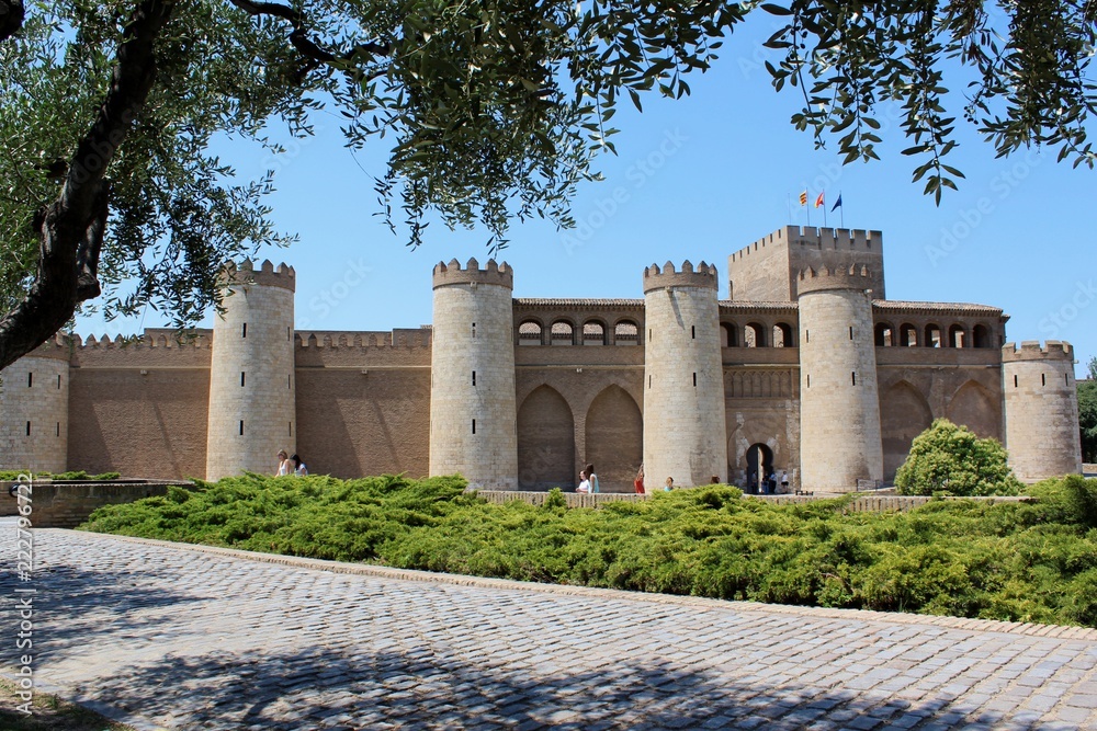 Zaragoza, Spain. View of The Aljafería Palace. The palace currently contains the Cortes (regional parliament) of the autonomous community of Aragon.