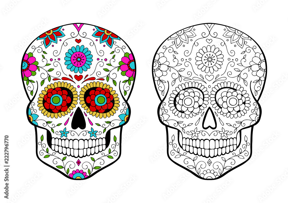 set of sugar skulls coloring page