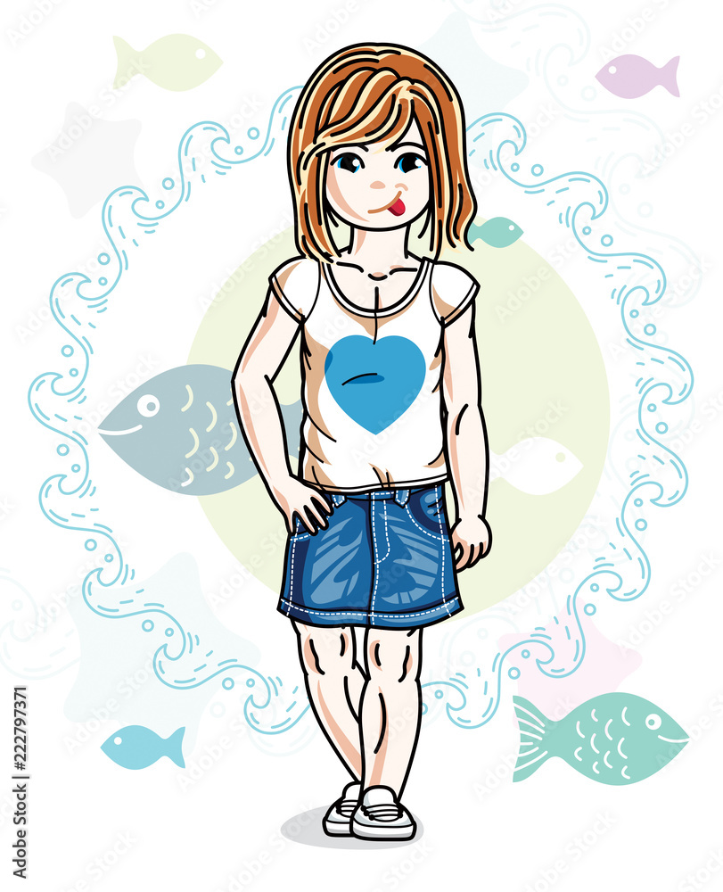 Little redhead girl toddler standing in fashionable casual clothes. Vector kid illustration. Sea fauna theme. Little redhead girl toddler standing in fashionable casual clothes. Vector kid illustration. Sea fauna theme.