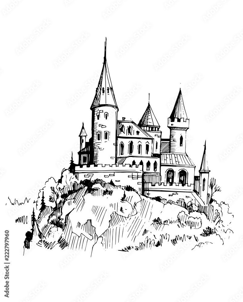 Castle on a rock. Hand drawn illustration converted to vector Stock ...