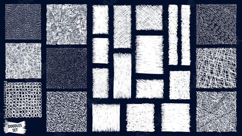 Scribble patterns set. Doodles backgrounds. Quirky sketches. Scrawl elements. Hand drawn effect vector. Pen lines. Simple strokes seamless textures.