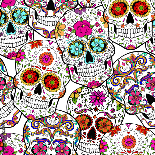 Halloween seamless pattern with sugar skulls