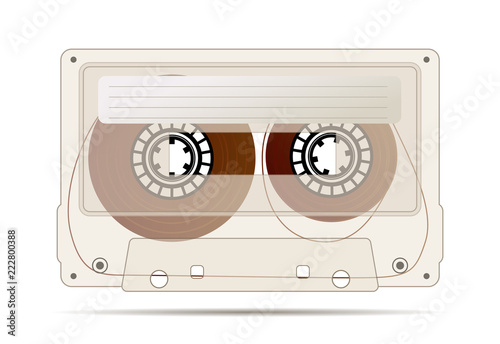 Realistic detailed audio cassette made from transparent brown plastic with magnetic tape, vintage object isolated on white