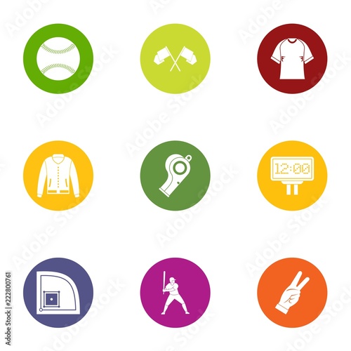 Baseball game icons set. Flat set of 9 baseball game vector icons for web isolated on white background