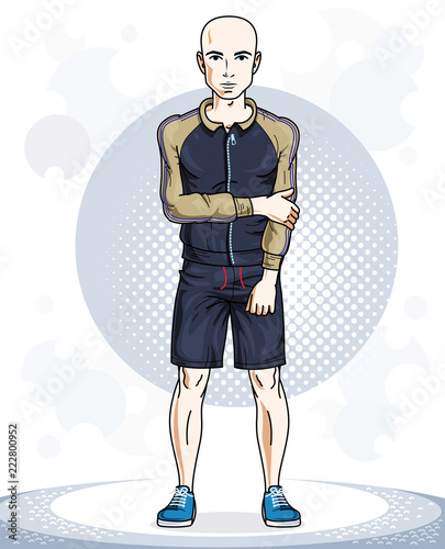 Happy hairless young adult man standing. Vector character wearing sport clothes, healthy lifestyle and fitness theme.