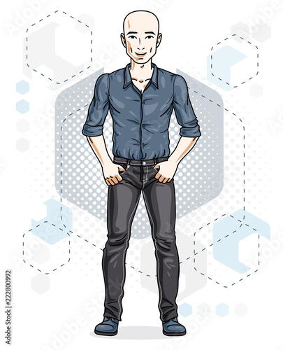 Confident handsome hairless young man standing. Vector illustration of male wearing casual clothes, jeans pants and cotton shirt.