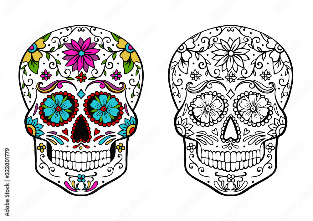 sugar skull coloring page, and an example of coloring