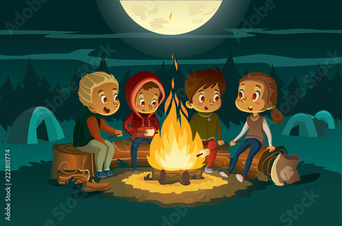 Kids camping in the forest at night near big fire. Children sitting in a circle, tell scary stories and roast marshmallows. Tents in the background. Adventure and exploration concept. Vector photo