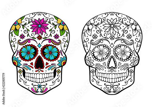 sugar skull coloring page, and an example of coloring