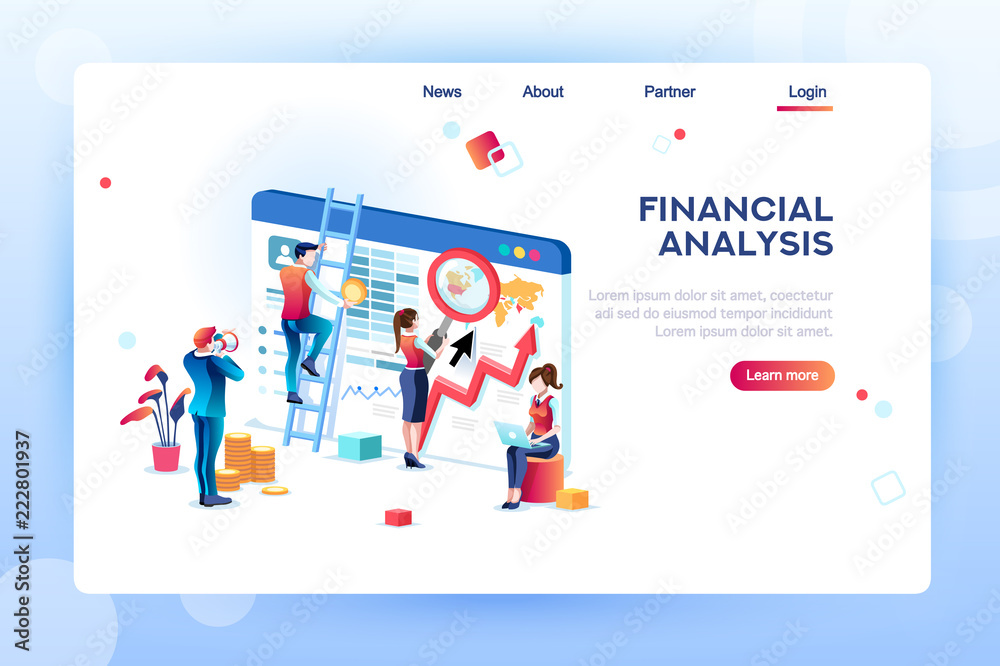Finance analysts. Concept of analytics for website, small social presentation, magnifying infographic. Study global occupation concept with characters and text. Flat isometric vector illustration.