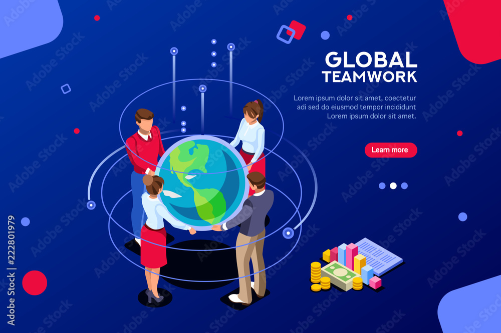 Obraz premium Search idea, new meeting profit, worker partner, staff strategy. Businesswoman presentation. Confident company investor corporate global colleague standing. World of flat isometric vector illustration