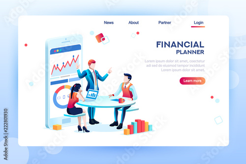 Business adviser team. Management of investment, meeting, account, consultant discussion. Data income graph professional analyzing, financial analyst concept. Characters on flat isometric illustration