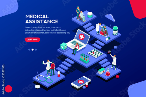 Persons at office, medical assistance. Patient room with healthcare insurer. Clinic insure a doctor. Insurance and assistance for physician. Concept with characters. Flat isometric vector illustration