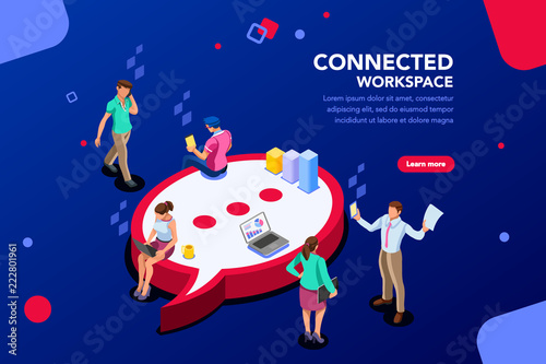 Isometric concept, wifi connected people, bar presentation. Occupation plan, workplace for team cooperation. Discussing together, diagram of brainstorming. Report, sales target, marketing illustration