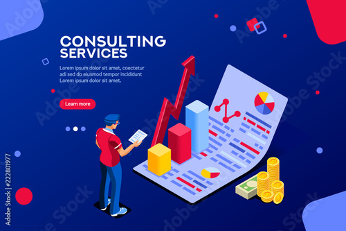 Isometric infographic of consult and administration. Corporate risk graph to engineering advertising value. Account planning grow, management or calculate report of audit. Business Vector illustration